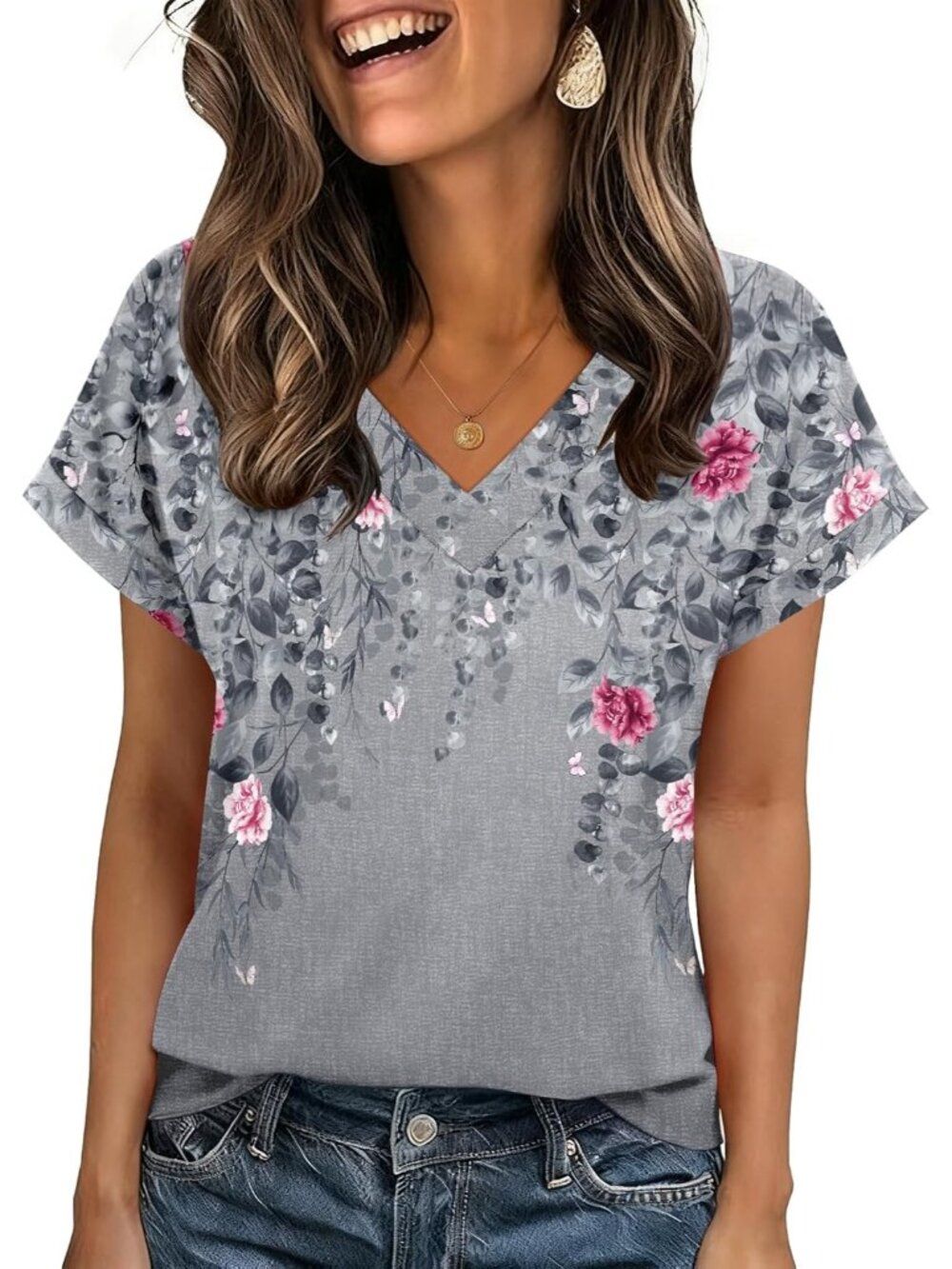 Women's Grey Flower Short Sleeve V Neck Basic Tees Shirts Casual Tops Blouses